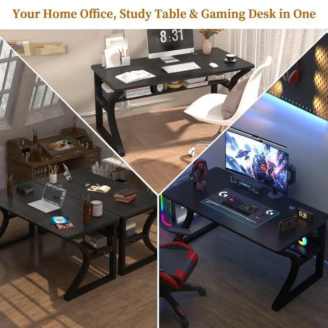 Alt view image 7 of 7 - 47'' Computer Desk Home Office Desk, Modern Computer Desk w/U Shaped Metal Frame, Storage Shelves, PC Table Study Writing Desk Workstation for Home Office (47inch/Black)