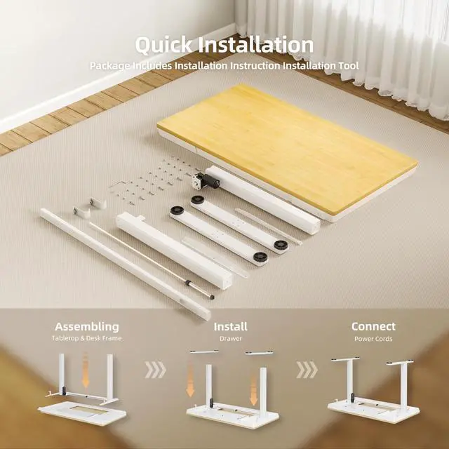 Alt view image 7 of 7 - Bamboo Standing Desk with Drawers & USB Ports 48x24 | Quick Install, Tape-C Port, USB Ports