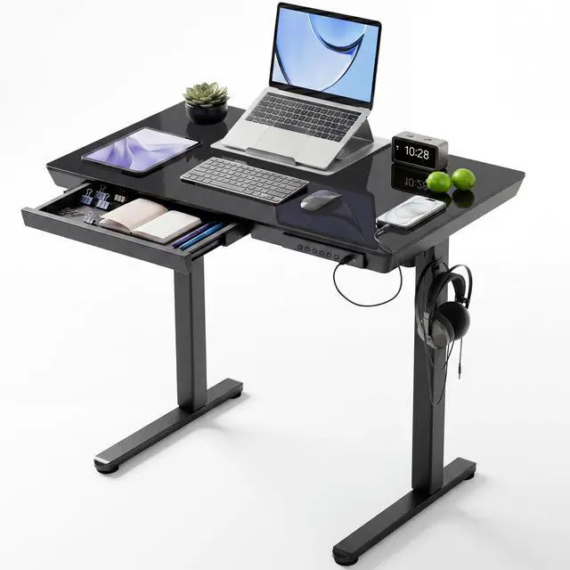 Main image of Small Glass Standing Desk with Drawers & USB Ports 35x19 Black | 3 Steps Quick Install, Buil in Drawer, USB Ports, Ultra White One-Piece Glass Top, Writable Top