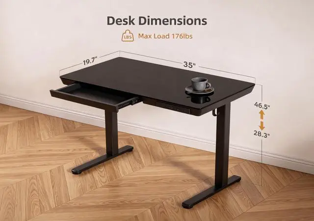 Alt view image 3 of 7 - Small Glass Standing Desk with Drawers & USB Ports 35x19 Black | 3 Steps Quick Install, Buil in Drawer, USB Ports, Ultra White One-Piece Glass Top, Writable Top