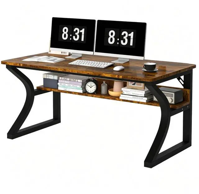 Main image of 47'' Computer Desk Home Office Desk, Modern Computer Desk w/U Shaped Metal Frame, Storage Shelves, PC Table Study Writing Desk Workstation for Home Office (47inch/Brown)