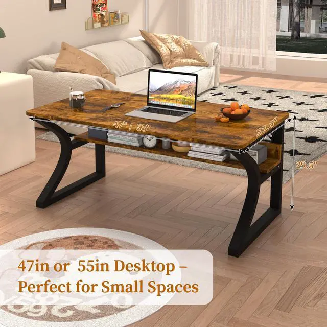 Alt view image 2 of 7 - 47'' Computer Desk Home Office Desk, Modern Computer Desk w/U Shaped Metal Frame, Storage Shelves, PC Table Study Writing Desk Workstation for Home Office (47inch/Brown)