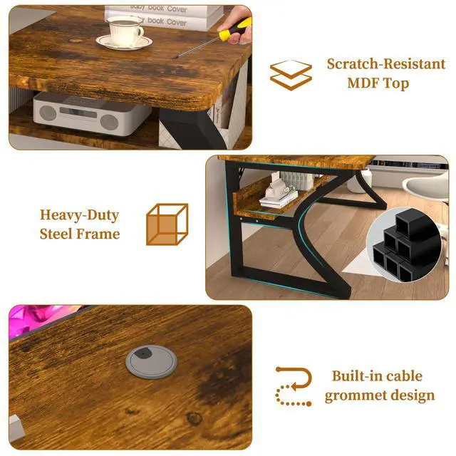 Alt view image 5 of 7 - 47'' Computer Desk Home Office Desk, Modern Computer Desk w/U Shaped Metal Frame, Storage Shelves, PC Table Study Writing Desk Workstation for Home Office (47inch/Brown)