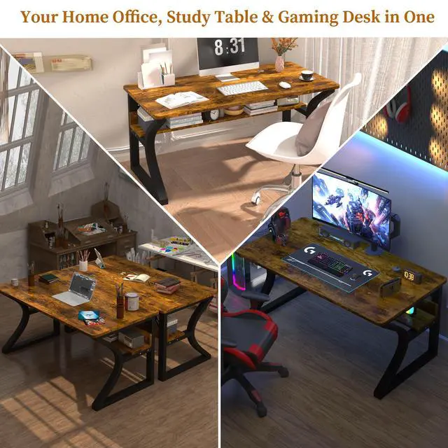 Alt view image 7 of 7 - 47'' Computer Desk Home Office Desk, Modern Computer Desk w/U Shaped Metal Frame, Storage Shelves, PC Table Study Writing Desk Workstation for Home Office (47inch/Brown)