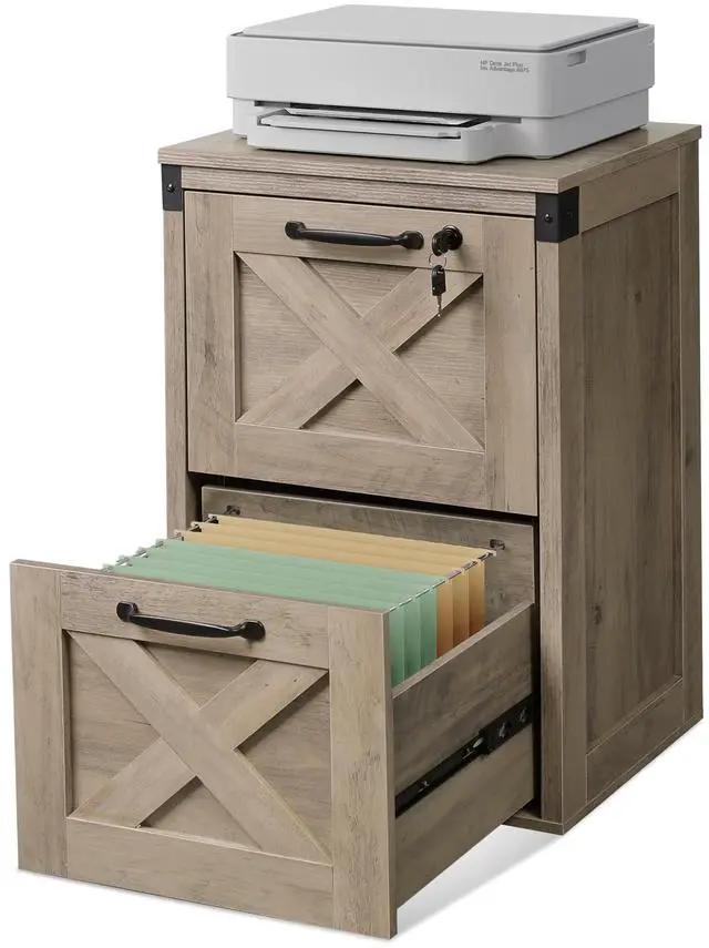 Main image of 2-Drawer File Cabinet with Lock, Office Filing Cabinets, Gray Oak | Printer Stand, Letter & A4 Compatible, Home Office, Wood, Locking Vertical Storage Cabinet, Farmhouse Style