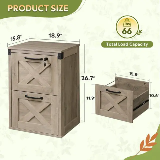 Alt view image 3 of 7 - 2-Drawer File Cabinet with Lock, Office Filing Cabinets, Gray Oak | Printer Stand, Letter & A4 Compatible, Home Office, Wood, Locking Vertical Storage Cabinet, Farmhouse Style