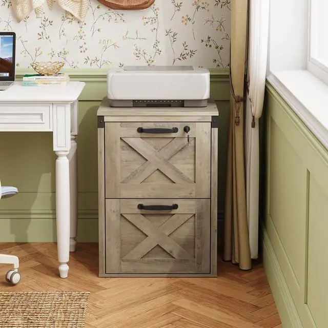 Alt view image 2 of 7 - 2-Drawer File Cabinet with Lock, Office Filing Cabinets, Gray Oak | Printer Stand, Letter & A4 Compatible, Home Office, Wood, Locking Vertical Storage Cabinet, Farmhouse Style
