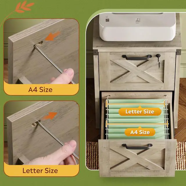 Alt view image 5 of 7 - 2-Drawer File Cabinet with Lock, Office Filing Cabinets, Gray Oak | Printer Stand, Letter & A4 Compatible, Home Office, Wood, Locking Vertical Storage Cabinet, Farmhouse Style