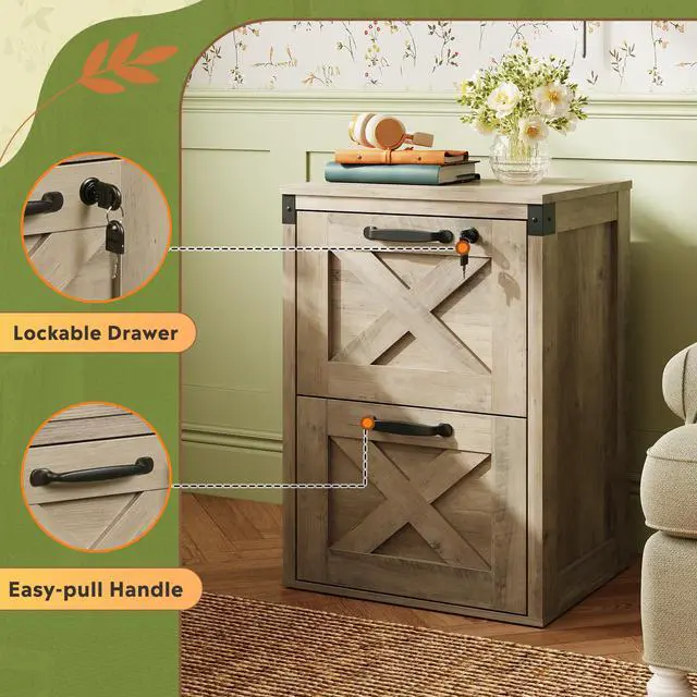 Alt view image 6 of 7 - 2-Drawer File Cabinet with Lock, Office Filing Cabinets, Gray Oak | Printer Stand, Letter & A4 Compatible, Home Office, Wood, Locking Vertical Storage Cabinet, Farmhouse Style