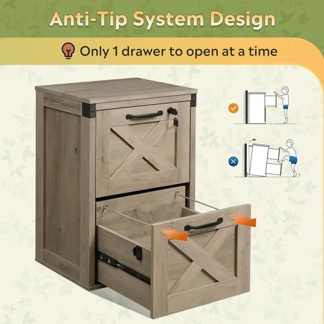 Alt view image 7 of 7 - 2-Drawer File Cabinet with Lock, Office Filing Cabinets, Gray Oak | Printer Stand, Letter & A4 Compatible, Home Office, Wood, Locking Vertical Storage Cabinet, Farmhouse Style