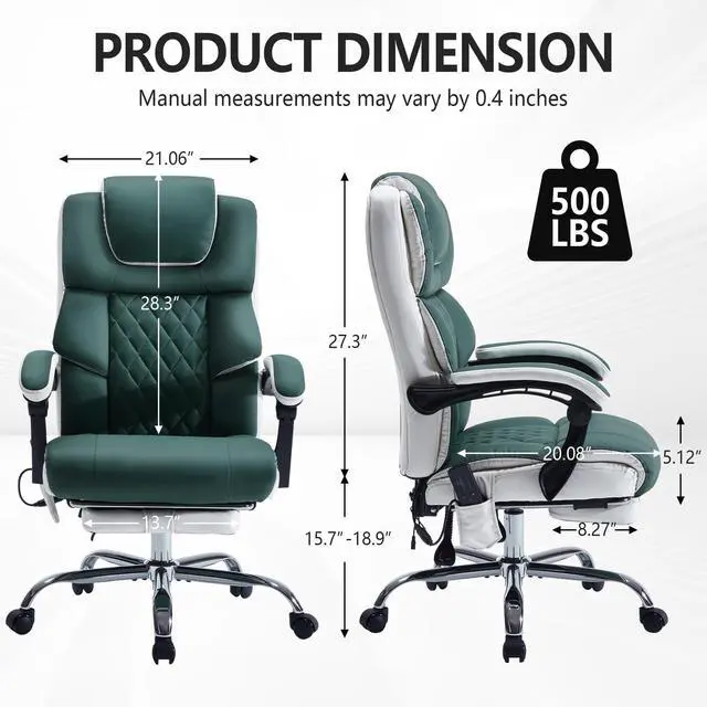 Alt view image 3 of 6 - Massage Office Chair 6 Points 500lbs with Footrest,Reclining Leather Desk Chair with Vibration Heat,Executive Big and Tall Chairs for Heavy People,Adjustable Height Ergonomic Green