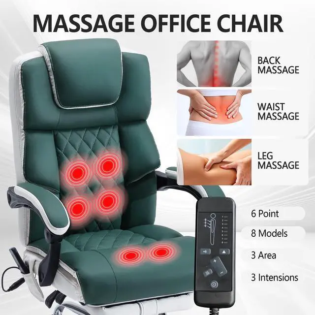 Alt view image 4 of 6 - Massage Office Chair 6 Points 500lbs with Footrest,Reclining Leather Desk Chair with Vibration Heat,Executive Big and Tall Chairs for Heavy People,Adjustable Height Ergonomic Green