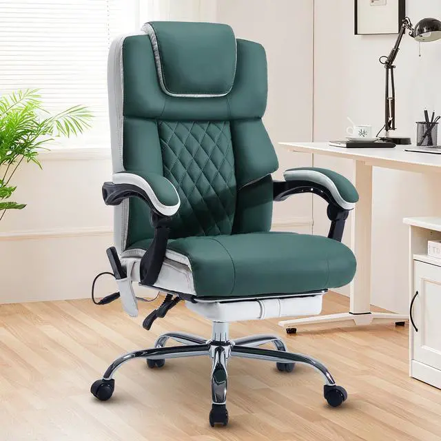 Alt view image 2 of 6 - Massage Office Chair 6 Points 500lbs with Footrest,Reclining Leather Desk Chair with Vibration Heat,Executive Big and Tall Chairs for Heavy People,Adjustable Height Ergonomic Green