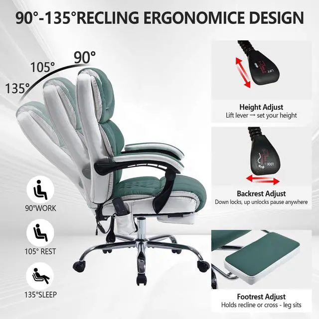 Alt view image 6 of 6 - Massage Office Chair 6 Points 500lbs with Footrest,Reclining Leather Desk Chair with Vibration Heat,Executive Big and Tall Chairs for Heavy People,Adjustable Height Ergonomic Green
