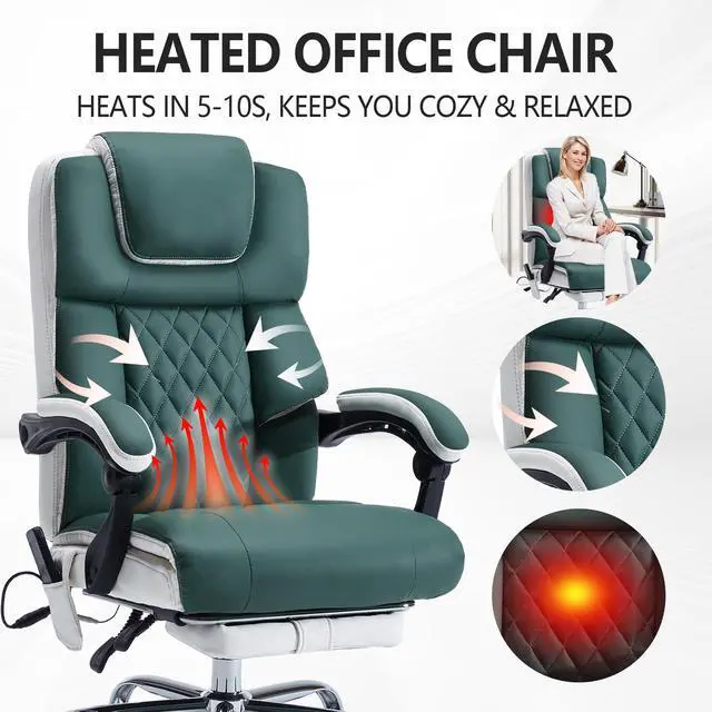 Alt view image 5 of 6 - Massage Office Chair 6 Points 500lbs with Footrest,Reclining Leather Desk Chair with Vibration Heat,Executive Big and Tall Chairs for Heavy People,Adjustable Height Ergonomic Green