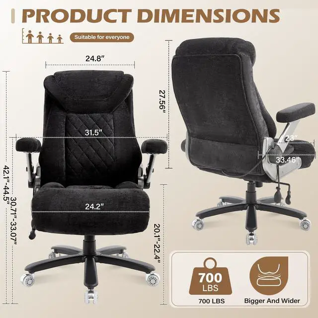 Alt view image 2 of 7 - Fabric 700lbs Big and Tall Office Chair, Ergonomic Heavy Duty Executive Cloth Office Chair with 5D Flip Arms & Adjustable Lumbar Support & Dual Rubber Wheel, Large Thick Padded Extra Wide Seat, Black