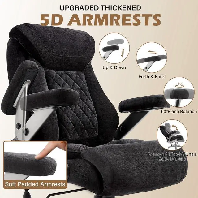 Alt view image 4 of 7 - Fabric 700lbs Big and Tall Office Chair, Ergonomic Heavy Duty Executive Cloth Office Chair with 5D Flip Arms & Adjustable Lumbar Support & Dual Rubber Wheel, Large Thick Padded Extra Wide Seat, Black