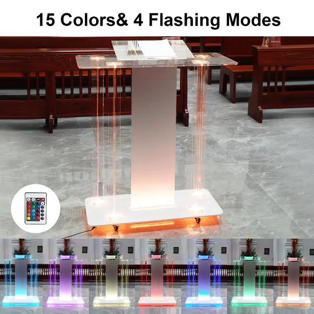 Alt view image 3 of 6 - Acrylic Church Pilpits with Wheels, 46'' Church Podium with 15 Colors RGB LED Lights,Podium Stand Lecterns Pulpits for Church, Wedding, Concert Speech, Classroom (40L*17.7W *46.6H)