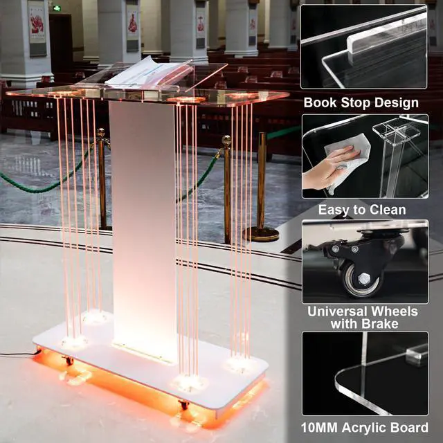 Alt view image 5 of 6 - Acrylic Church Pilpits with Wheels, 46'' Church Podium with 15 Colors RGB LED Lights,Podium Stand Lecterns Pulpits for Church, Wedding, Concert Speech, Classroom (40L*17.7W *46.6H)