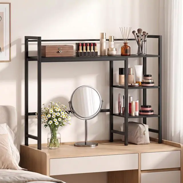 Alt view image 2 of 6 - Desktop Bookshelf, 38.5" Dorm Desk Hutch for 27" Monitor (Black) | 4-Tier Desk Shelf with Anti-tip Device, Countertop Storage for Computer Desk, Wood Desk Organizer Shelves for Home Office