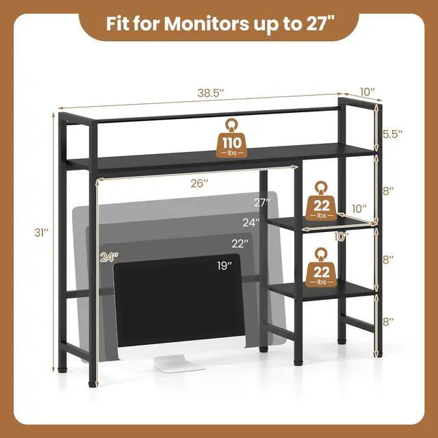 Alt view image 3 of 6 - Desktop Bookshelf, 38.5" Dorm Desk Hutch for 27" Monitor (Black) | 4-Tier Desk Shelf with Anti-tip Device, Countertop Storage for Computer Desk, Wood Desk Organizer Shelves for Home Office