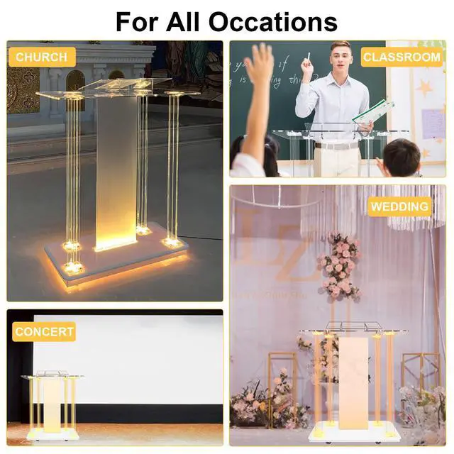 Alt view image 6 of 6 - Acrylic Church Pilpits with Wheels, 46'' Church Podium with 15 Colors RGB LED Lights,Podium Stand Lecterns Pulpits for Church, Wedding, Concert Speech, Classroom (40L*17.7W *46.6H)