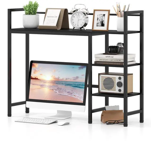 Main image of Desktop Bookshelf, 38.5" Dorm Desk Hutch for 27" Monitor (Black) | 4-Tier Desk Shelf with Anti-tip Device, Countertop Storage for Computer Desk, Wood Desk Organizer Shelves for Home Office