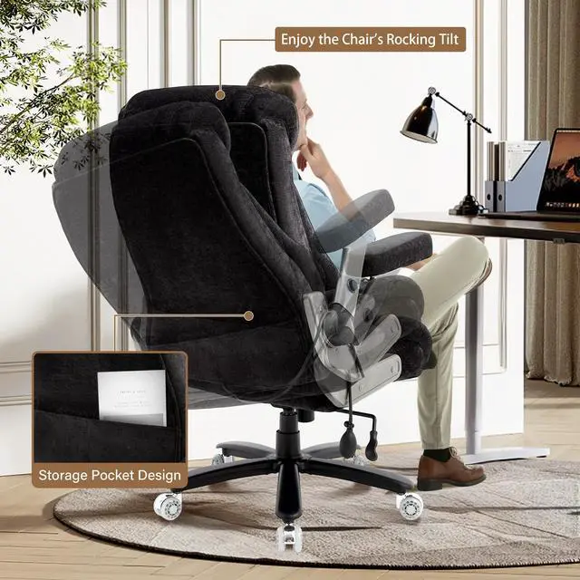 Alt view image 5 of 7 - Fabric 700lbs Big and Tall Office Chair, Ergonomic Heavy Duty Executive Cloth Office Chair with 5D Flip Arms & Adjustable Lumbar Support & Dual Rubber Wheel, Large Thick Padded Extra Wide Seat, Black