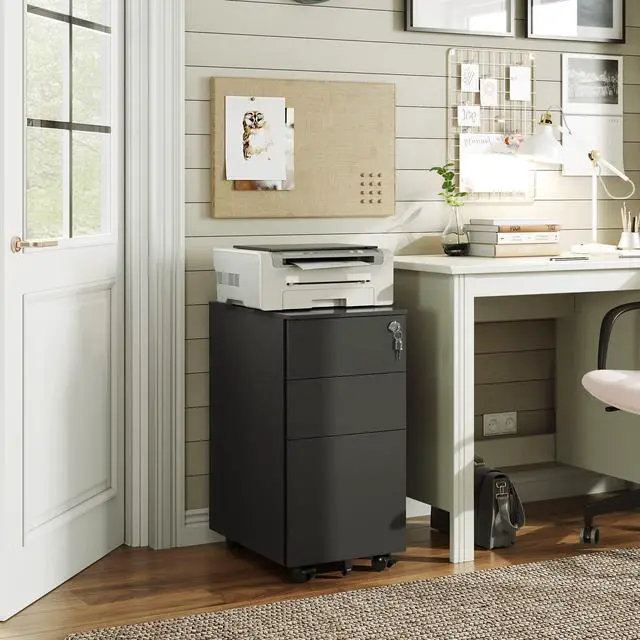 Alt view image 2 of 7 - Slim File Cabinet, 3 Drawer Mobile Filing Cabinet for Letter/Legal/A4 Files, Fully Assembled Except Wheels, Black