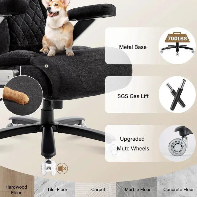 Alt view image 7 of 7 - Fabric 700lbs Big and Tall Office Chair, Ergonomic Heavy Duty Executive Cloth Office Chair with 5D Flip Arms & Adjustable Lumbar Support & Dual Rubber Wheel, Large Thick Padded Extra Wide Seat, Black