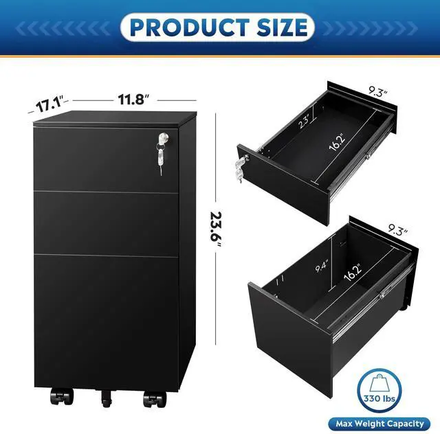 Alt view image 3 of 7 - Slim File Cabinet, 3 Drawer Mobile Filing Cabinet for Letter/Legal/A4 Files, Fully Assembled Except Wheels, Black