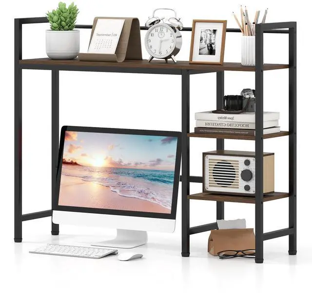 Main image of Desktop Bookshelf, 38.5" Dorm Desk Hutch for 27" Monitor (Brown) | 4-Tier Desk Shelf with Anti-tip Device, Countertop Storage for Computer Desk, Wood Desk Organizer Shelves for Home Office