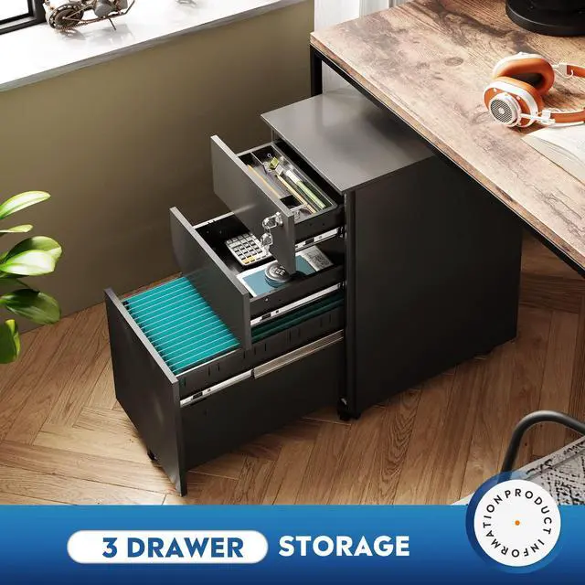 Alt view image 4 of 7 - Slim File Cabinet, 3 Drawer Mobile Filing Cabinet for Letter/Legal/A4 Files, Fully Assembled Except Wheels, Black