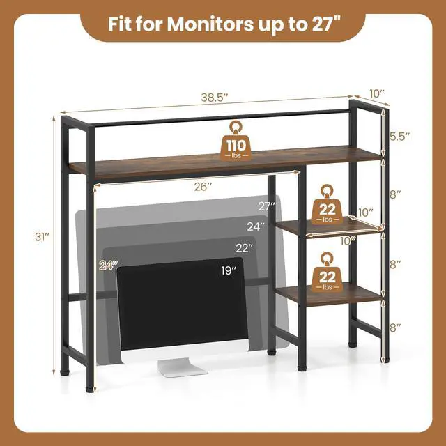 Alt view image 3 of 7 - Desktop Bookshelf, 38.5" Dorm Desk Hutch for 27" Monitor (Brown) | 4-Tier Desk Shelf with Anti-tip Device, Countertop Storage for Computer Desk, Wood Desk Organizer Shelves for Home Office