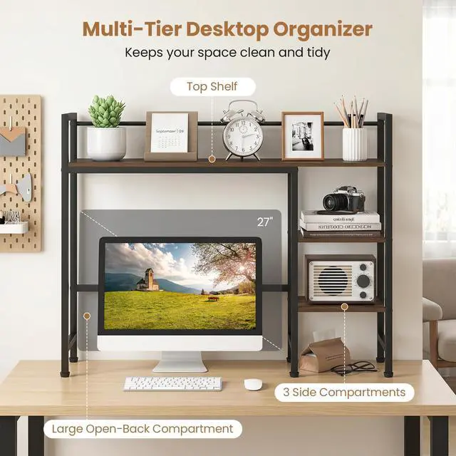 Alt view image 5 of 7 - Desktop Bookshelf, 38.5" Dorm Desk Hutch for 27" Monitor (Brown) | 4-Tier Desk Shelf with Anti-tip Device, Countertop Storage for Computer Desk, Wood Desk Organizer Shelves for Home Office