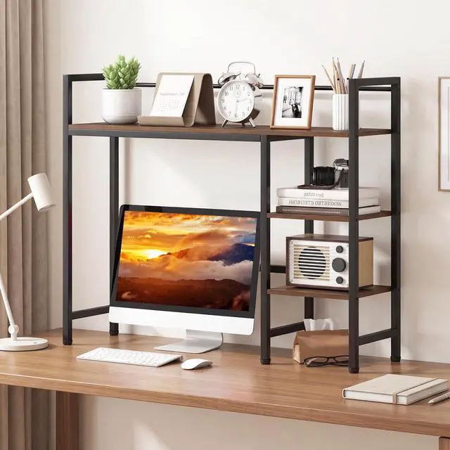 Alt view image 2 of 7 - Desktop Bookshelf, 38.5" Dorm Desk Hutch for 27" Monitor (Brown) | 4-Tier Desk Shelf with Anti-tip Device, Countertop Storage for Computer Desk, Wood Desk Organizer Shelves for Home Office
