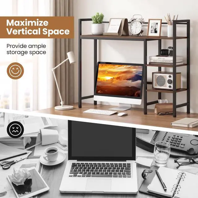 Alt view image 6 of 7 - Desktop Bookshelf, 38.5" Dorm Desk Hutch for 27" Monitor (Brown) | 4-Tier Desk Shelf with Anti-tip Device, Countertop Storage for Computer Desk, Wood Desk Organizer Shelves for Home Office