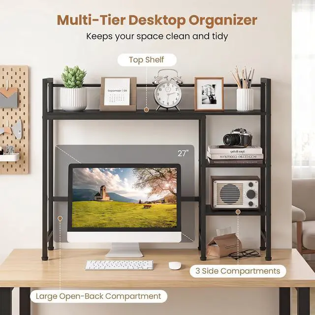 Alt view image 5 of 6 - Desktop Bookshelf, 38.5" Dorm Desk Hutch for 27" Monitor (Black) | 4-Tier Desk Shelf with Anti-tip Device, Countertop Storage for Computer Desk, Wood Desk Organizer Shelves for Home Office