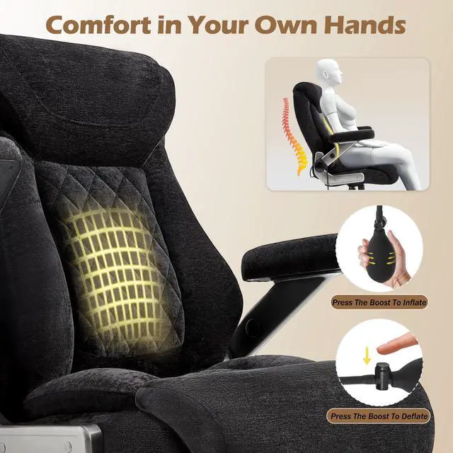 Alt view image 6 of 7 - Fabric 700lbs Big and Tall Office Chair, Ergonomic Heavy Duty Executive Cloth Office Chair with 5D Flip Arms & Adjustable Lumbar Support & Dual Rubber Wheel, Large Thick Padded Extra Wide Seat, Black