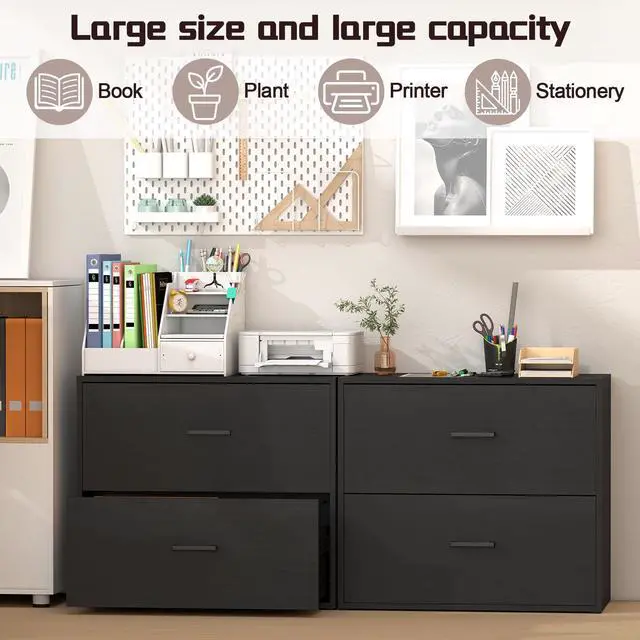 Alt view image 4 of 7 - File Cabinet, 2 Drawer Lateral Filing Cabinet with Hanging Bars for Letters, Black File Cabinets for Home Office, Large Printer Stand, Wood Office Storage Cabinet