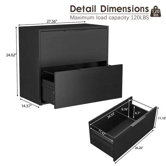 Alt view image 3 of 7 - File Cabinet 2 Drawer, Lateral File Cabinet with Hanging Bars for Letters, Printer Stand Filing Cabinets for Home Office, Black