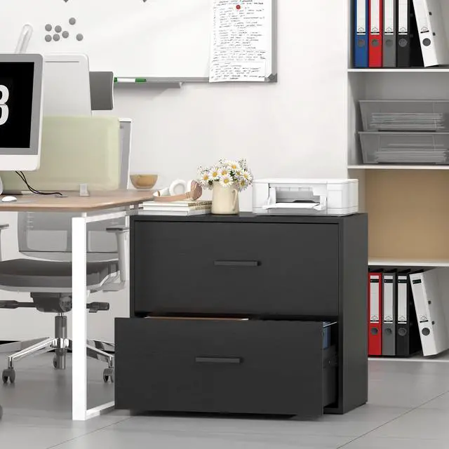 Alt view image 2 of 7 - File Cabinet, 2 Drawer Lateral Filing Cabinet with Hanging Bars for Letters, Black File Cabinets for Home Office, Large Printer Stand, Wood Office Storage Cabinet