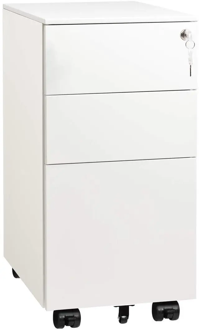 Main image of Slim File Cabinet with Lock, 3 Drawer Mobile Filing Cabinet for Legal/Letter/A4 Size, Fully Assembled Except Wheels, White