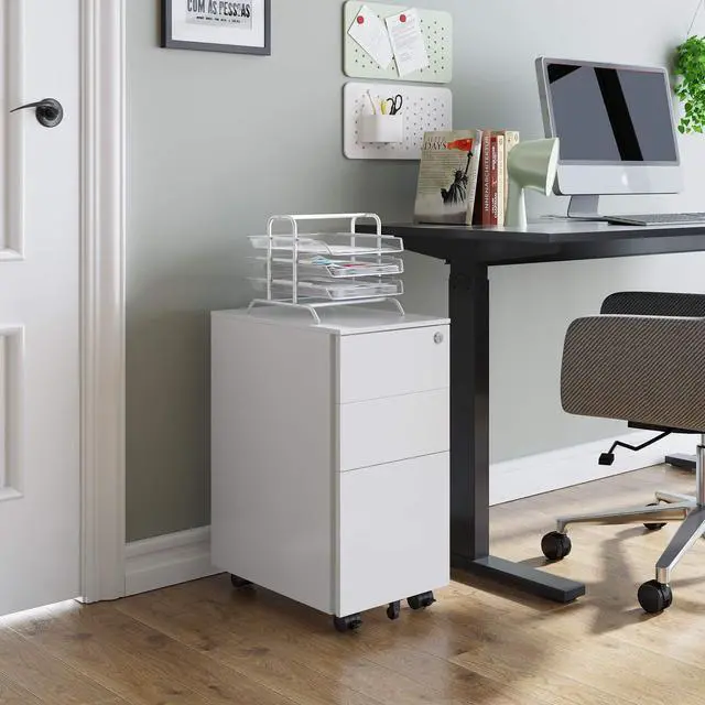 Alt view image 2 of 7 - Slim File Cabinet with Lock, 3 Drawer Mobile Filing Cabinet for Legal/Letter/A4 Size, Fully Assembled Except Wheels, White