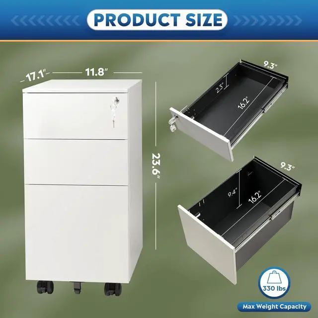 Alt view image 3 of 7 - Slim File Cabinet with Lock, 3 Drawer Mobile Filing Cabinet for Legal/Letter/A4 Size, Fully Assembled Except Wheels, White