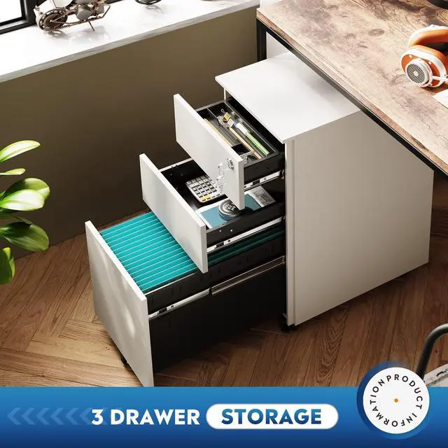 Alt view image 4 of 7 - Slim File Cabinet with Lock, 3 Drawer Mobile Filing Cabinet for Legal/Letter/A4 Size, Fully Assembled Except Wheels, White