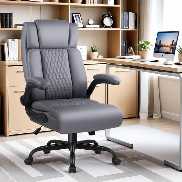 Main image of Office Chair, 400LBS Heavy Duty Big and Tall Executive Office Desk Chair with Flip-up Arms, Ergonomic High Back Office Chairs with Lumbar Support, PU Leather, Grey
