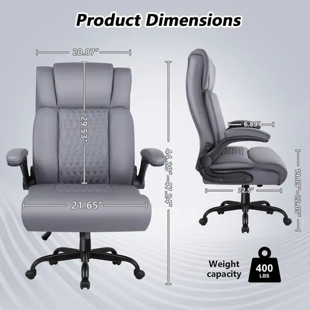 Alt view image 2 of 7 - Office Chair, 400LBS Heavy Duty Big and Tall Executive Office Desk Chair with Flip-up Arms, Ergonomic High Back Office Chairs with Lumbar Support, PU Leather, Grey