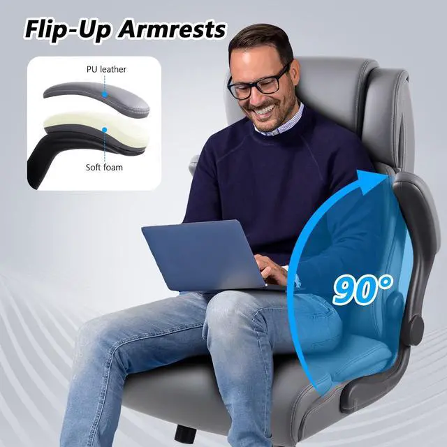 Alt view image 3 of 7 - Office Chair, 400LBS Heavy Duty Big and Tall Executive Office Desk Chair with Flip-up Arms, Ergonomic High Back Office Chairs with Lumbar Support, PU Leather, Grey