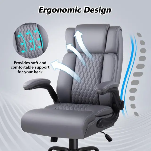 Alt view image 4 of 7 - Office Chair, 400LBS Heavy Duty Big and Tall Executive Office Desk Chair with Flip-up Arms, Ergonomic High Back Office Chairs with Lumbar Support, PU Leather, Grey